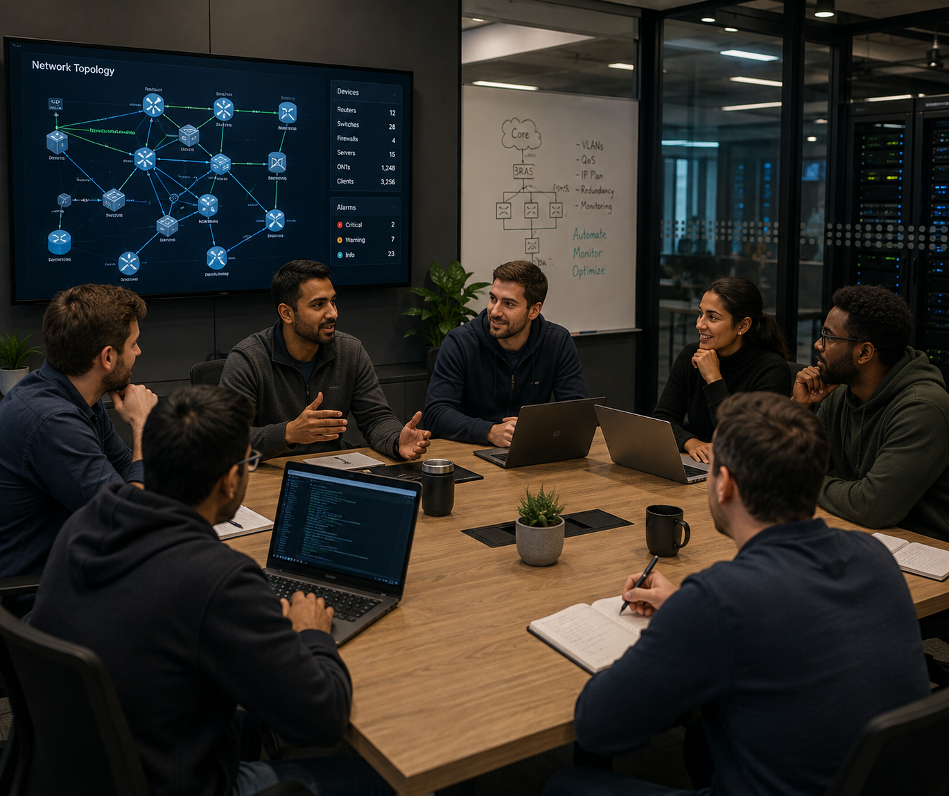 Netxol engineering team reviewing NOS architecture and OLT/ONT provisioning flows.